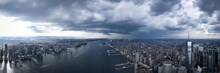 Aerial view of the Skyline of Manhattan in cloudy day, New York City, United States