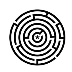 Circle labyrinth maze game for children. Logic education with black outline game. Find right way. Vector illustration Isolated on white background.