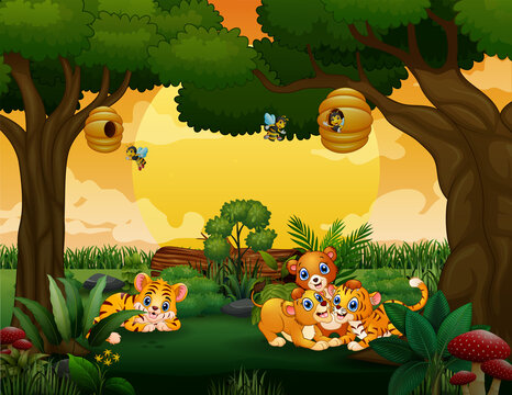 Baby tigers and lions playing in the wood