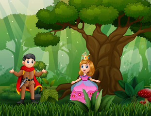 Cartoon a prince and princess at the wood
