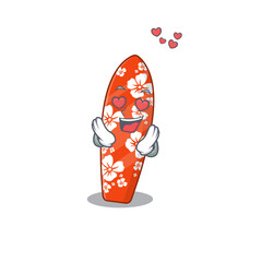 A passionate surfboard cartoon mascot concept has a falling in love eyes