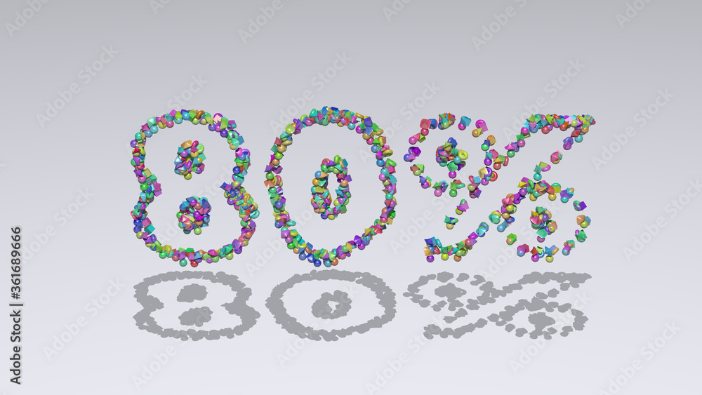Poster 80%: 3D illustration of the text made of small objects over a white background with shadows