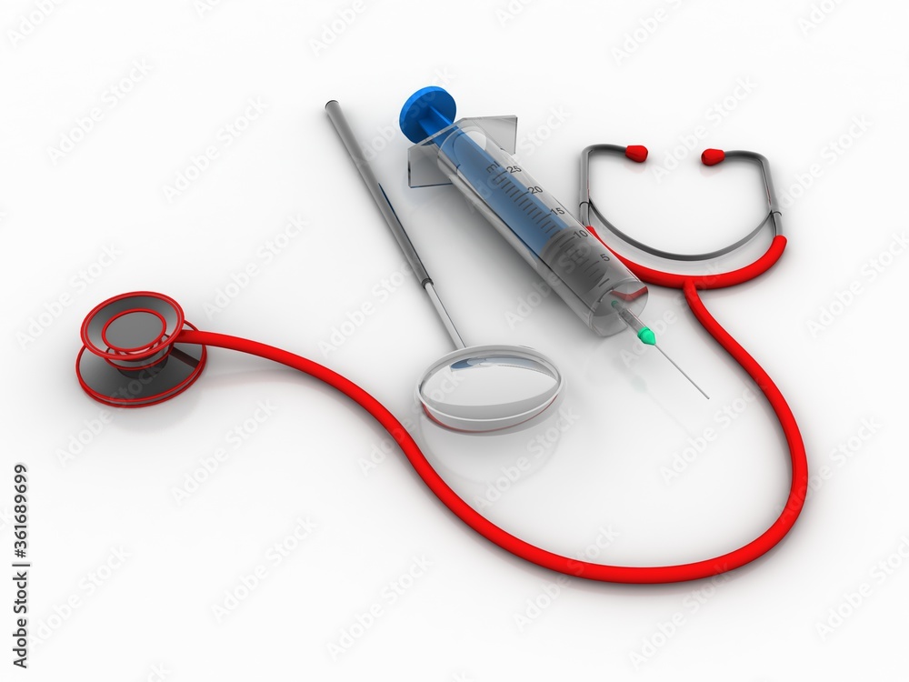 Poster 3d rendering stethoscope with tooth mirror and syringe
