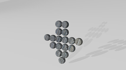 ARROW DOT DOWN on the wall. 3D illustration of metallic sculpture over a white background with mild texture. icon and design