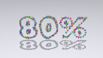 80%: 3D illustration of the text made of small objects over a white background with shadows
