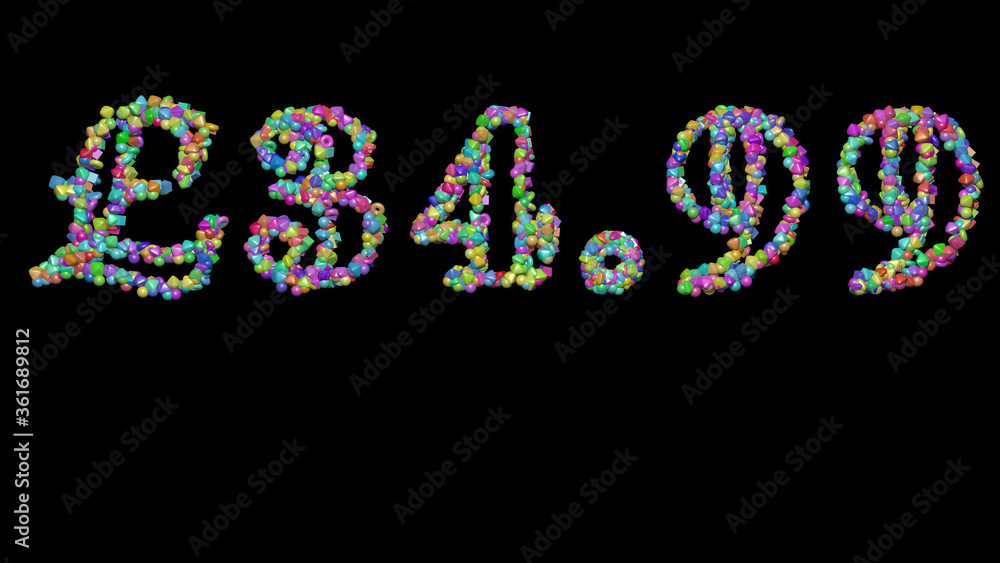Aufkleber colorful 3d writing of £34.99 text with small objects over a dark background and matching shadow