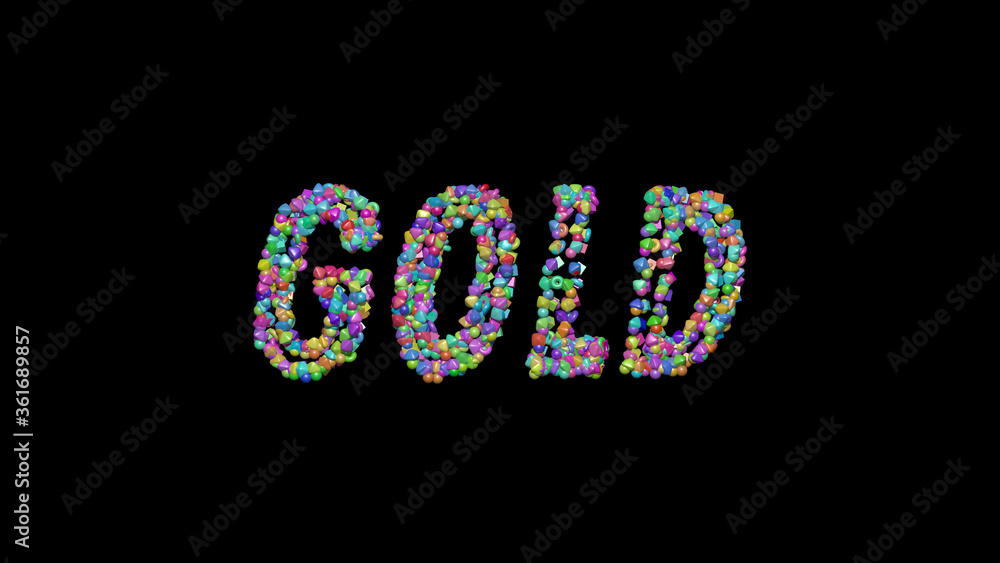 Poster gold: 3d illustration of the text made of small objects over a black background with shadows. abstra