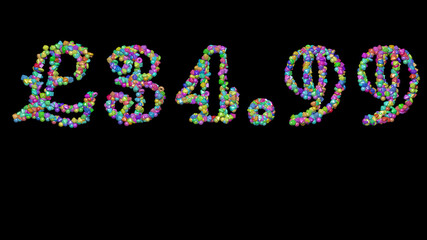 Colorful 3D writing of £34.99 text with small objects over a dark background and matching shadow
