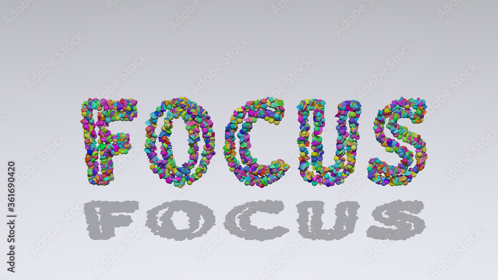 Poster focus: 3d illustration of the text made of small objects over a white background with shadows. selec