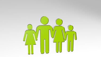 family made by 3D illustration of a shiny metallic sculpture on a wall with light background. happy and child