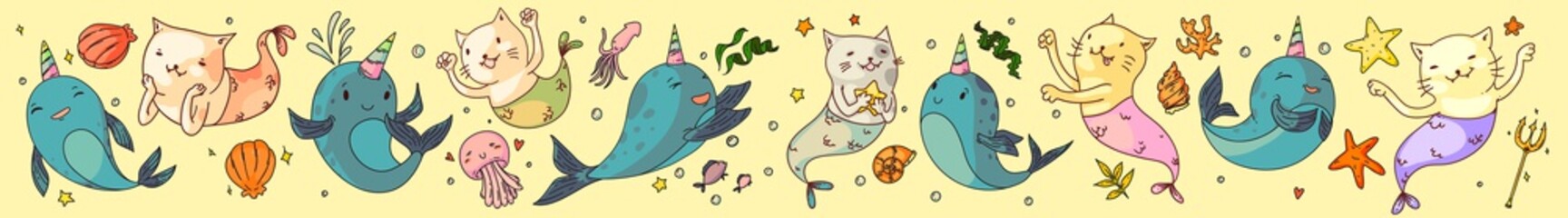 Mermaid cats and unicorn narwhals fantasy animals set. Funny mermaid cat, unicorn narwhal, sea shell, jellyfish, starfish collection. Vector fantasy underwater ocean animal drawings © studioworkstock