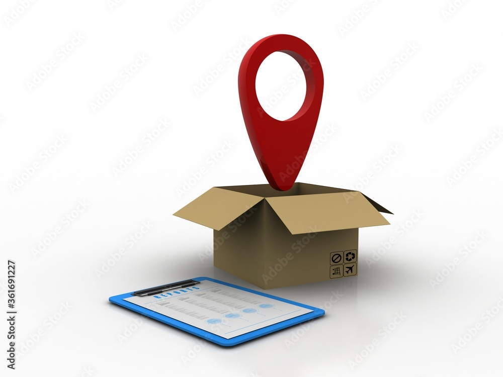 Fototapete 3d rendering red map pointer in card box