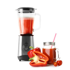 Blender with healthy smoothie on white background