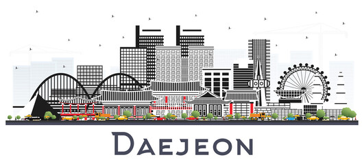 Daejeon South Korea City Skyline with Color Buildings Isolated on White.