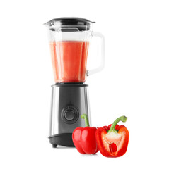 Blender with healthy smoothie on white background