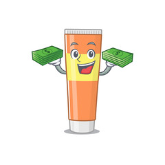 A wealthy toothpaste cartoon character having much money on hands