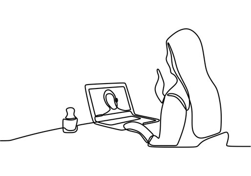 Continuous One Single Line Drawing Of Woman Relaxing At Home Using Laptop Computer For Video Call, Skype. Happy Young Cute Girl Who Wave Hand Smiling Looks At Pc Screen. Vector Illustration