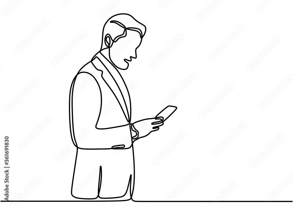 Poster businessman uses a smartphone while standing continuous one line drawing. young handsome man open hi