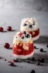 Close up of layered dessert with soft fruit and berries