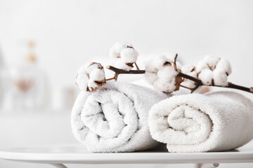 Fototapeta na wymiar Cotton towels on table in bathroom