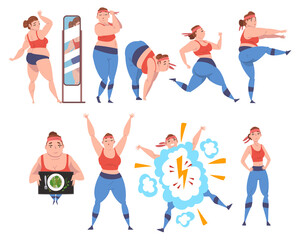 Plump Girl Doing Sport Exercises Set, Weight Loss Process, Young Overweight Woman Getting Fit Cartoon Vector Illustration