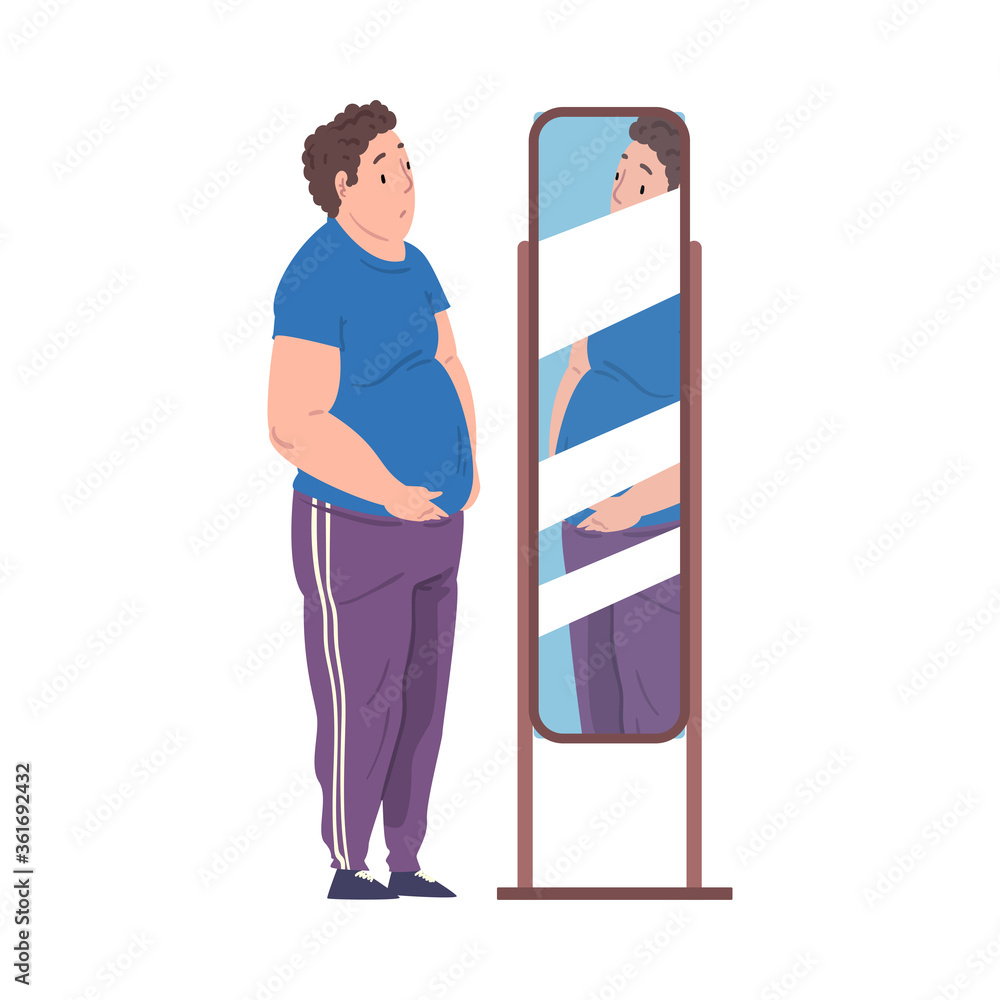 Poster fat young man looking at his reflection in the mirror, young overweight man getting fit cartoon vect