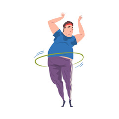 Obraz premium Fat Man Twirling Hula Hoop Around Her Waist, Weight Loss Process, Young Overweight Man Getting Fit Cartoon Vector Illustration on White Background