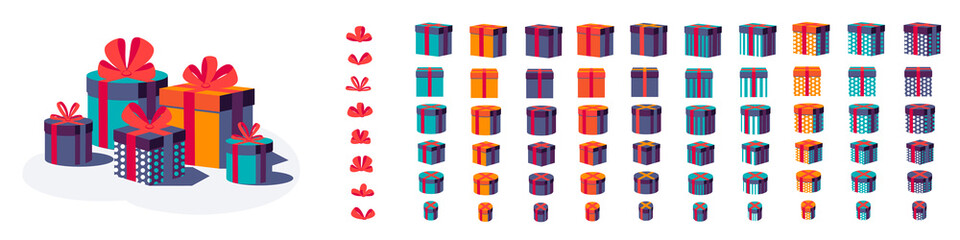 Set of colorful gift boxes with bows and ribbons isolated on white background. Beautiful wrapped, present boxes. Happy Birthday festive, party and celebration elements for greeting card. Stock vector 