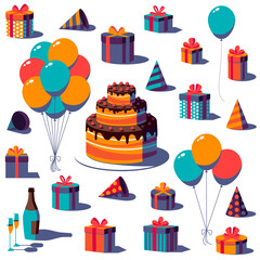 Set of Happy Birthday festive, party and celebration elements for greeting card. Gift box with ribbon and bow, party hat, balloon and cake isolated on white background. Stock vector illustration.