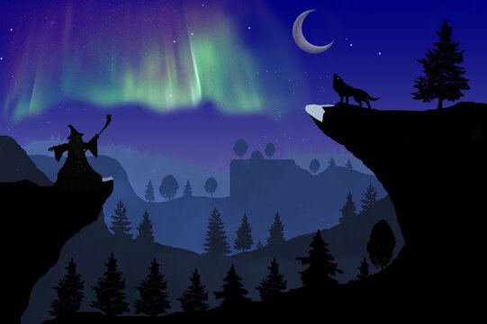 Night Scenery , Wolf howling at the moon and wizard creating aurora in night sky beside moon and forest