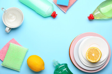 Composition with clean dishes on color background