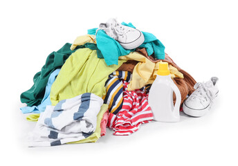 Heap of dirty clothes on white background