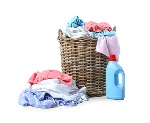 Basket with dirty clothes on white background