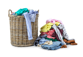 Basket with dirty clothes on white background