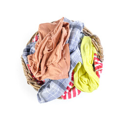 Basket with dirty clothes on white background