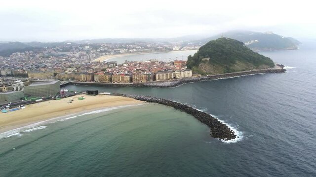 Aerial view in San Sebastian, coastal city with beach in Basque Country,Spain. Drone Video