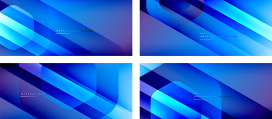 Set of hexagon geometric shapes and fluid gradients with 3d shadow and light straight lines, minimal abstract backgrounds