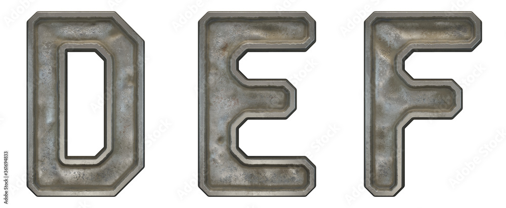 Wall mural set of capital letters a, b, c made of industrial metal isolated on white background. 3d