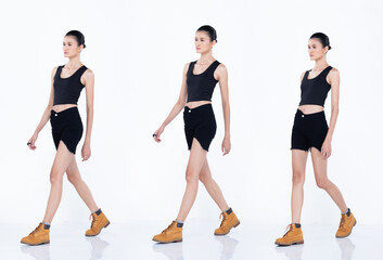 Fototapeta na wymiar Asian Woman Full length walk forward wear black vast short pants