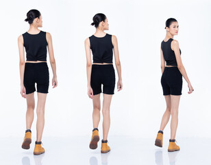 Asian Woman Full length walk turn back wear black vast short pants