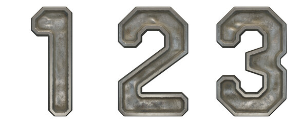 Set of numbers 1, 2, 3 made of industrial metal on white background 3d