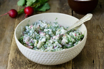 Salad with radish, dill and sour cream on a rustic background