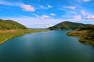 Natural scenery dam. Natural landscape around the dam. Forests and greenery. Big river. Chiang Mai, Thailand. amazing landscapes. Mae Kuang Udom Thara Dam. beautiful nature. Good for meditation.