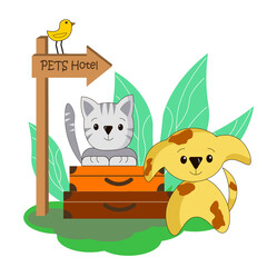 Pets hotel poster design. Cat and dog with suitcases. Illustration on a white background with text. High quality illustration. 