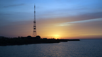 West bank of Balkhash lake.Vintage communication ttower.Sary Shagan.Former Soviet anti-ballistic missile testing range.Kazakhstan.