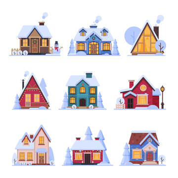 Cute Snowy Houses Collection, Suburban Cottage Buildings with Glowing Windows Vector Illustration