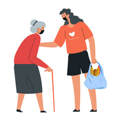 Volunteer helping senior lady to walk and carry products