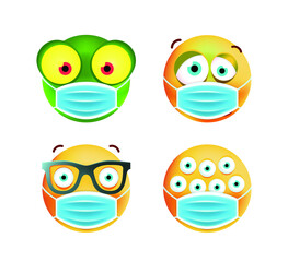 Set of Cute Emoticon with Face Mask on White Background. Isolated Vector Illustration 