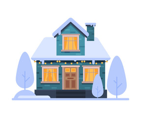 Cute Snowy Suburban House, Blue Rural Winter Cottage Vector Illustration