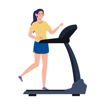 sport, woman running on treadmill, sport person at the electrical training machine vector illustration design